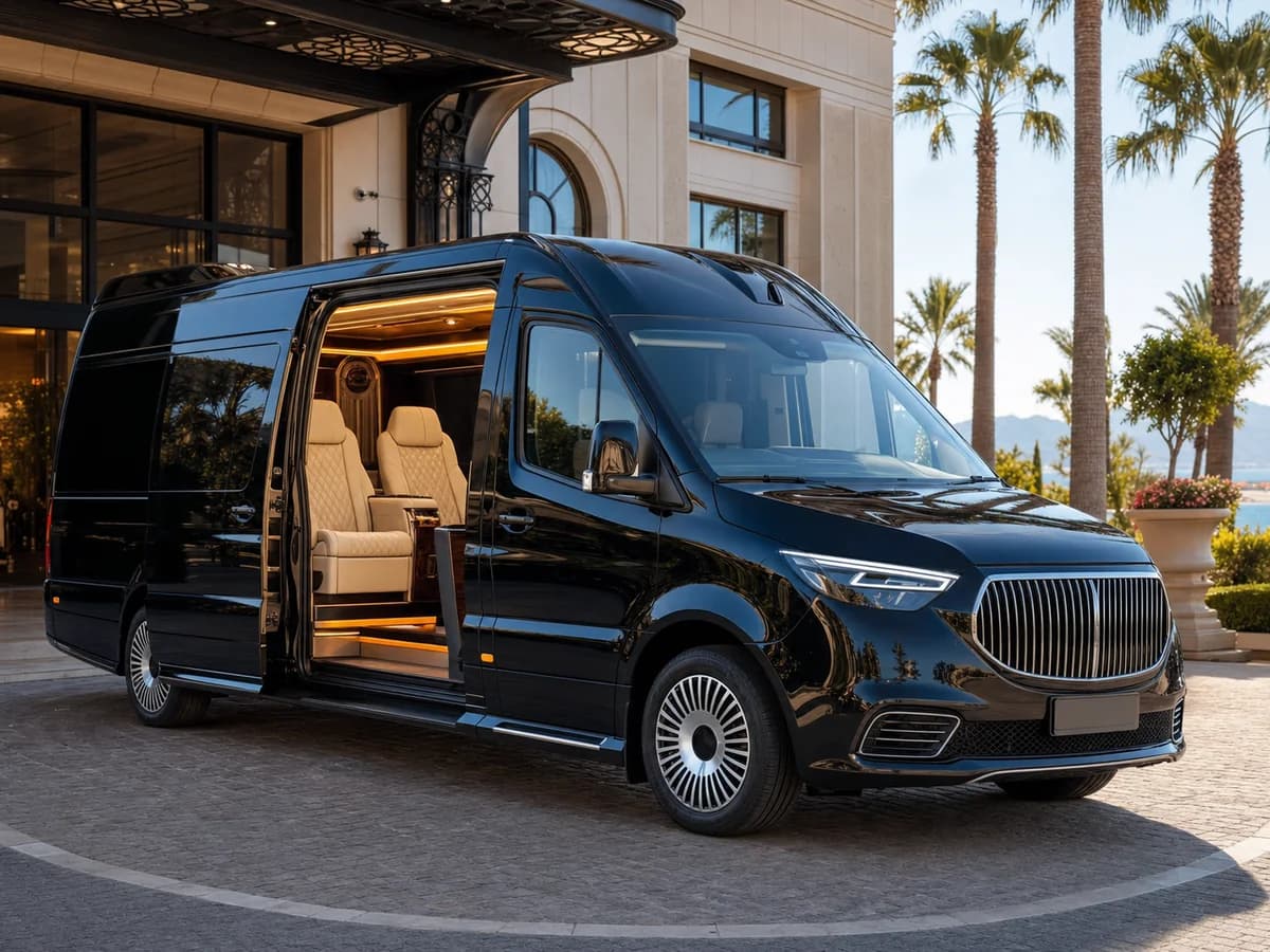 Açık kapısından krem deri koltukları görünen lüks VIP minibüs